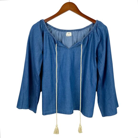 O'Neill Chambray Blouse Top Blue Denim Peasant Boho Oversized Fit Women's XS - Picture 1 of 7